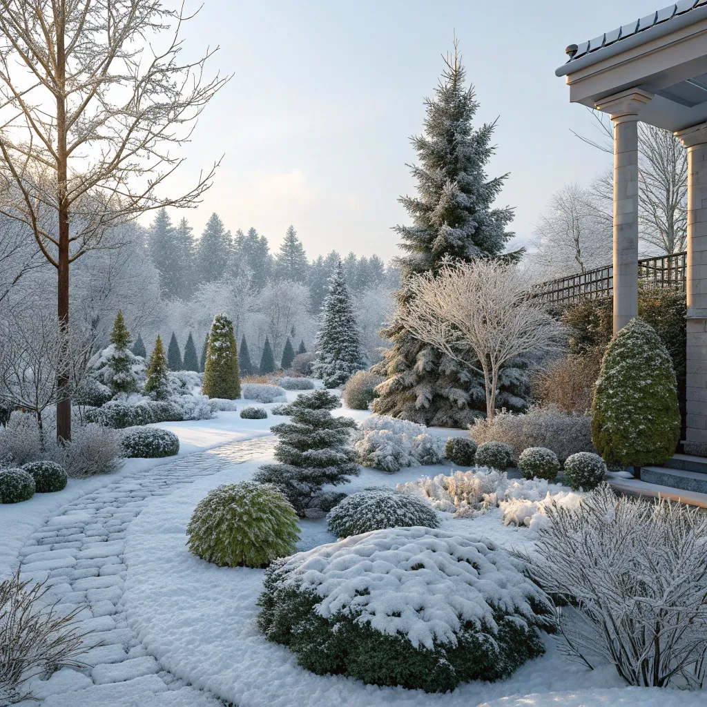 A professionally designed winter garden with snow-covered trees and shrubs